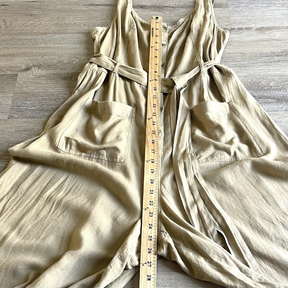 American Eagle Linen Blend Jumpsuit XL Tan Tie Waist Pockets Cropped Buttons NWT - Picture 3 of 11